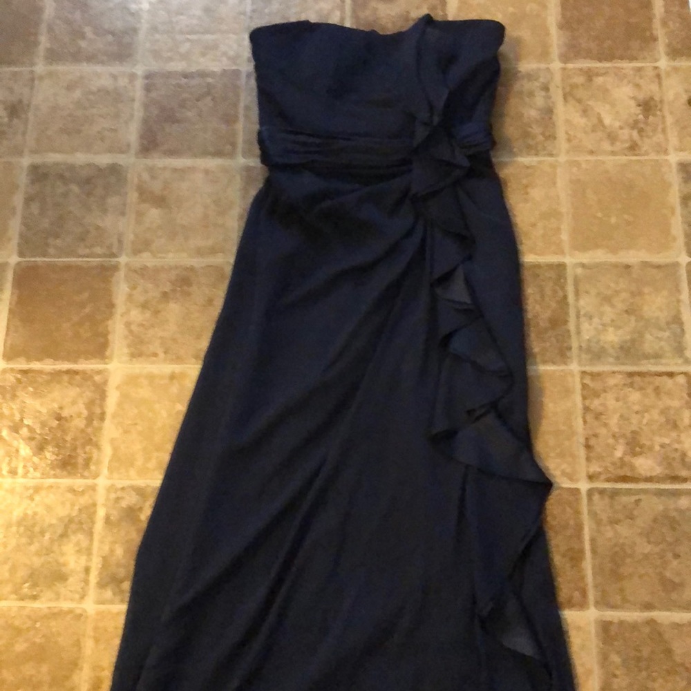 Navy blue strapless ruffle gown!